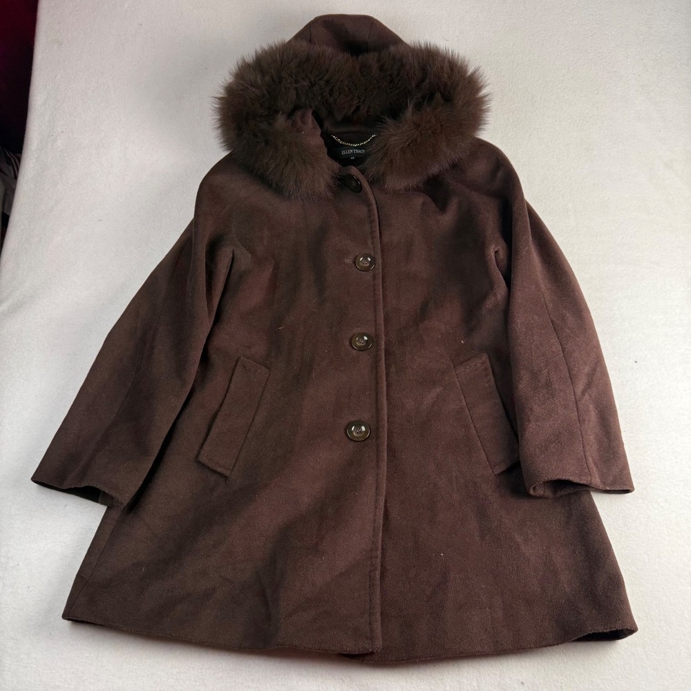 Ellen Tracy Brown Wool Cashmere Blend Fox Fur Trim Hooded Coat Womens 10P